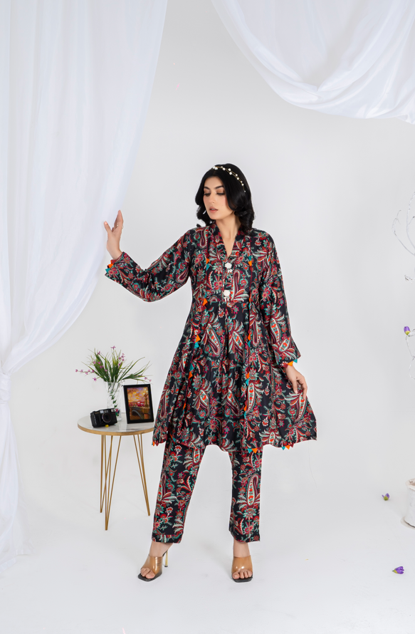 3 piece lawn suit with v neck