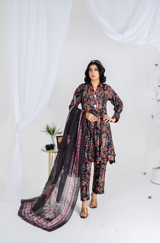 3 piece lawn suit with v neck