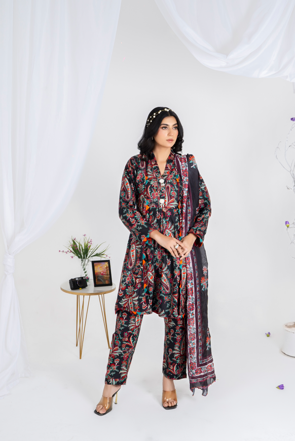 3 piece lawn suit with v neck