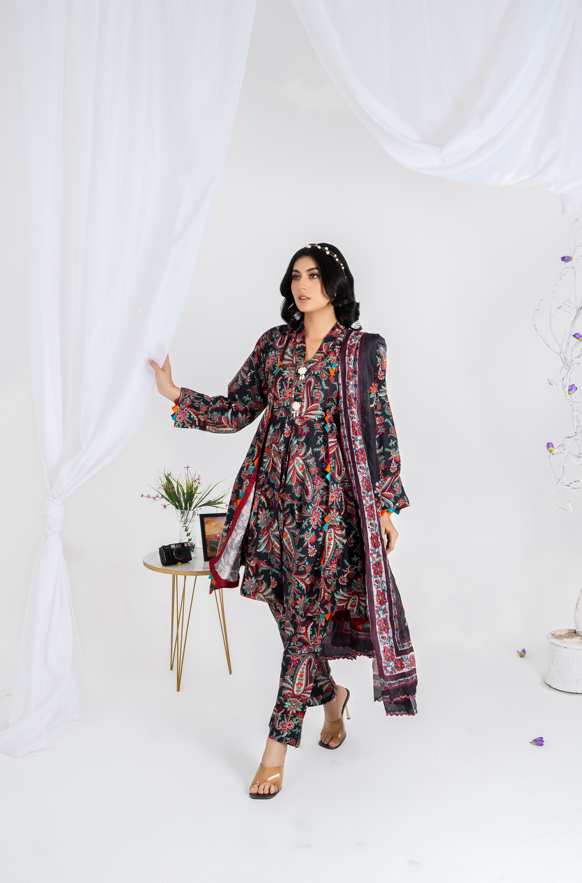 3 piece lawn suit with v neck